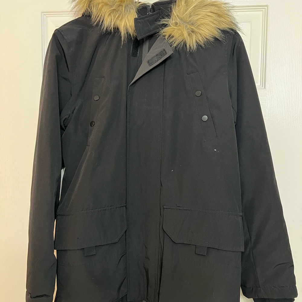 New Look Black Puffer Coat with Faux Fur Hood